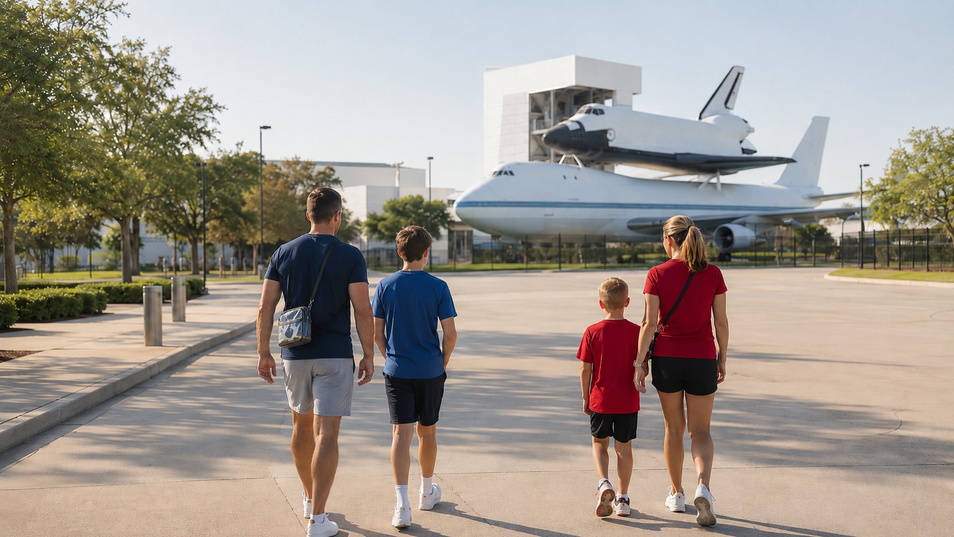 Relaxed family walking near a city waterfront the morning after a World Cup match, with subtle soccer trip cues and a small clear bag.