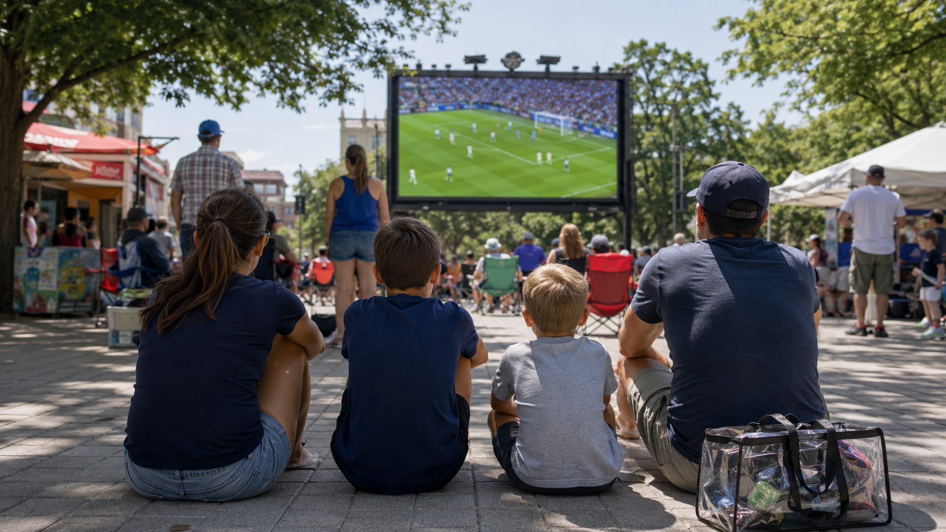 Family with kids watching a World Cup match from a public fan viewing area with shade, food stands, and a clear stadium bag nearby.